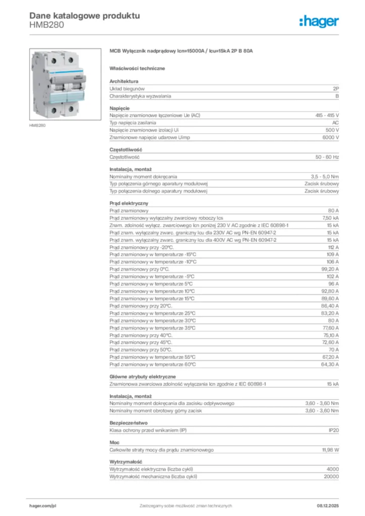 Zdjęcie Hager Karta katalogowa HMB280 | Hager Polska