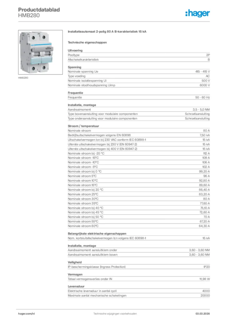 Afbeelding Hager Productdatablad HMB280 | Hager Nederland