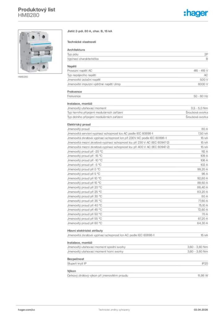 Obrázek Hager Product data sheet HMB280 | Hager