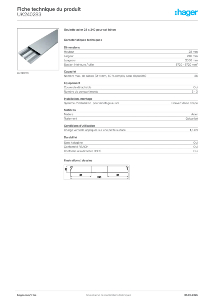 Image Hager Fiche technique du produit UK240283 | Hager Belgique