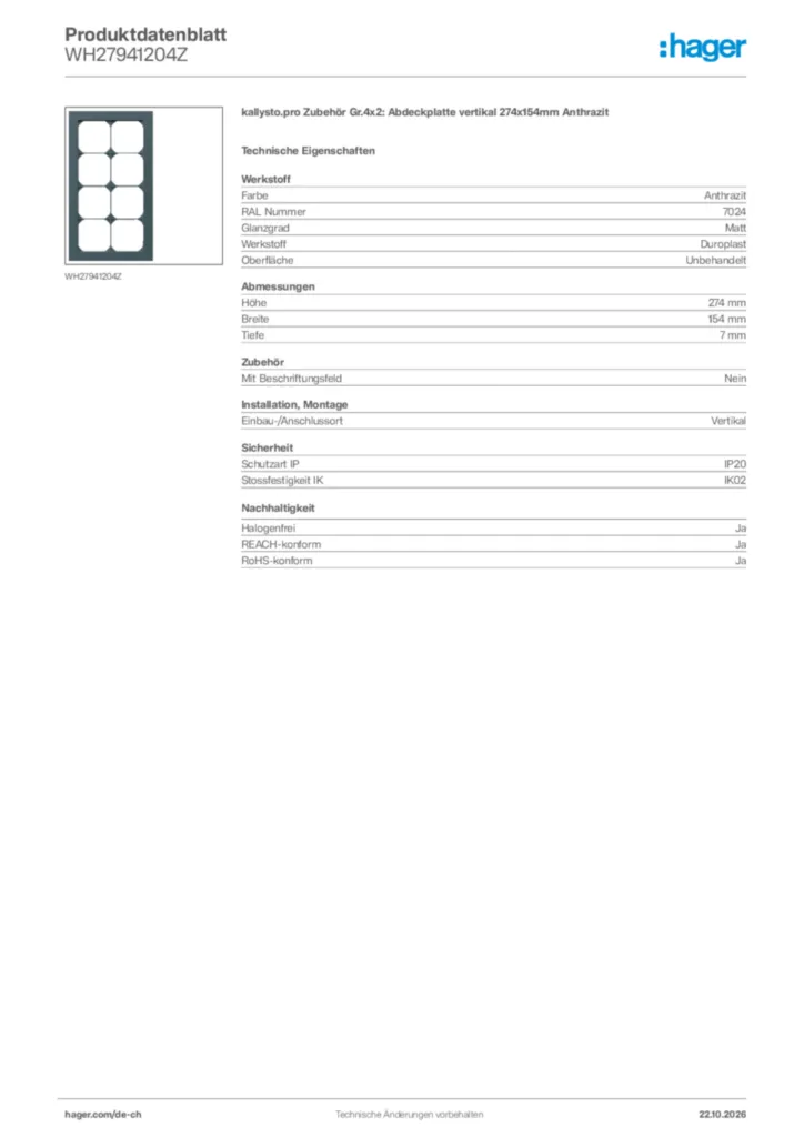 Bild Hager Produktdatenblatt WH27941204Z | Hager Schweiz