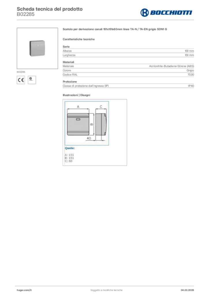 Immagine Bocchiotti Scheda tecnica del prodotto B02285 | Hager Italia