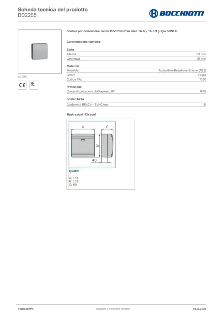 Immagine Bocchiotti Scheda tecnica del prodotto B02285 | Hager Italia