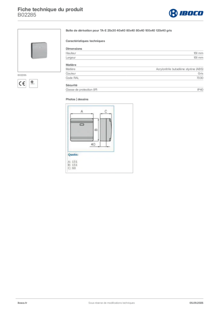 Image Iboco Fiche technique du produit B02285 | Hager France