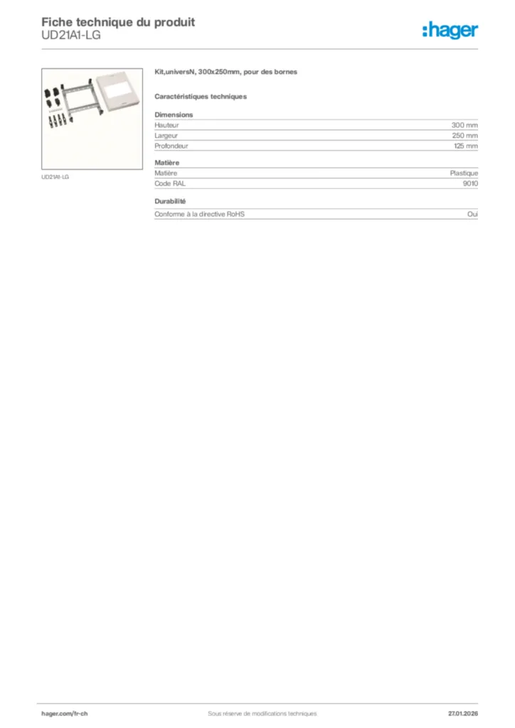 Image Hager Fiche technique du produit UD21A1-LG | Hager Suisse