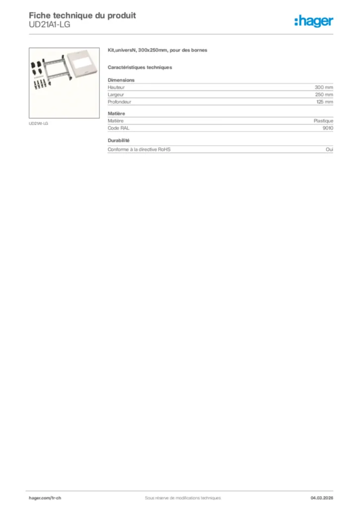 Image Hager Fiche technique du produit UD21A1-LG | Hager Suisse