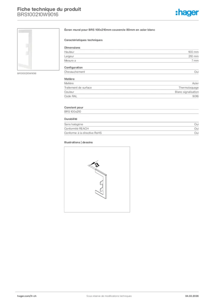 Image Hager Fiche technique du produit BRS100210W9016 | Hager Suisse