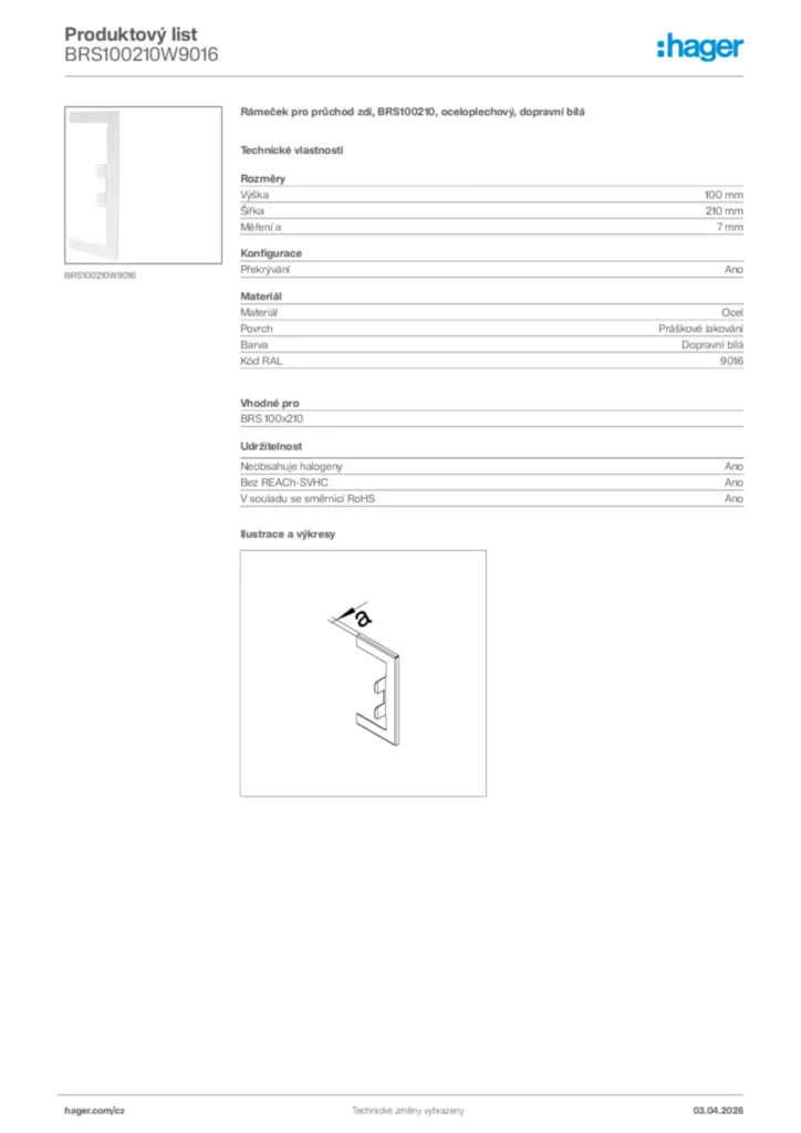 Obrázek Hager Product data sheet BRS100210W9016 | Hager