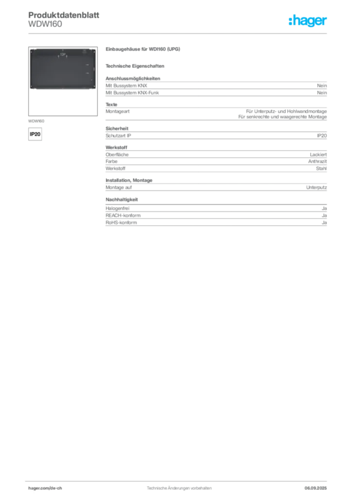 Bild Hager Produktdatenblatt WDW160 | Hager Schweiz