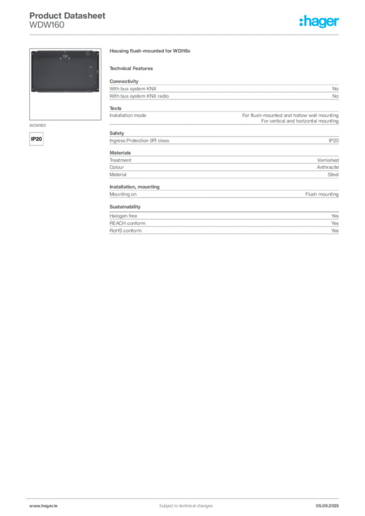 Image Hager Product data sheet WDW160  | Hager