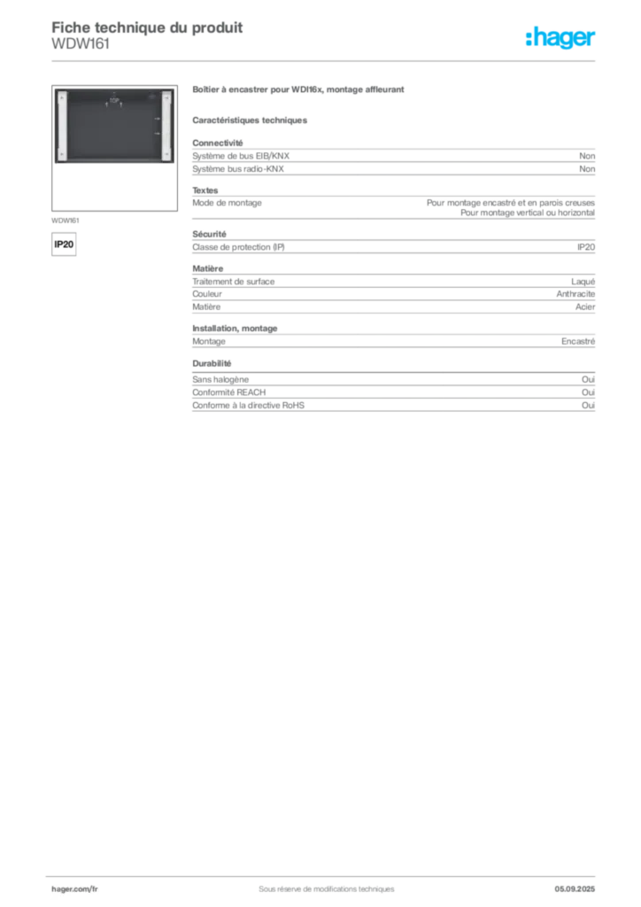 Image Hager Fiche technique du produit WDW161 | Hager France