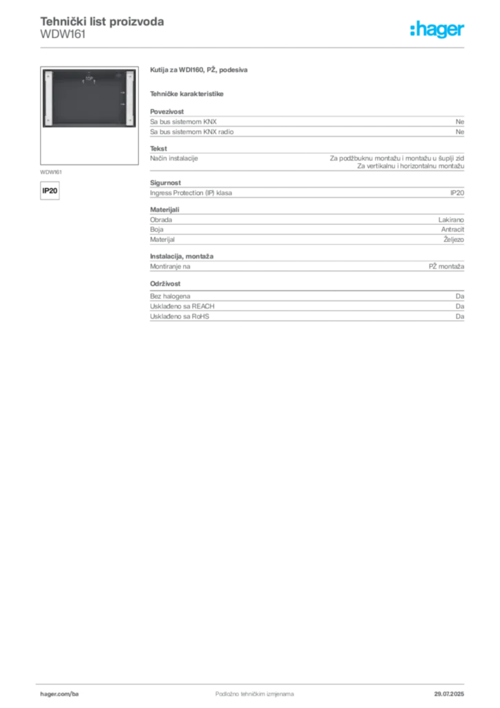 Slika Hager Product data sheet WDW161  | Hager