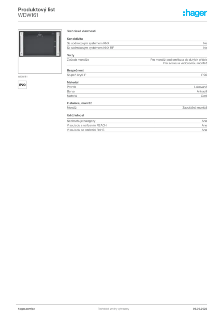 Obrázek Hager Produktový list WDW161 | Hager