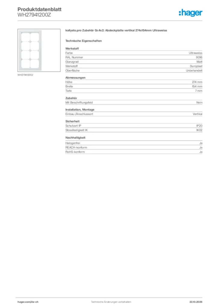 Bild Hager Produktdatenblatt WH27941200Z | Hager Schweiz