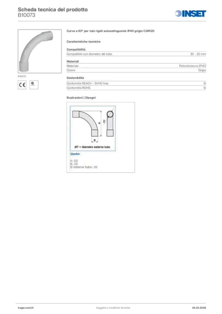 Immagine Inset Scheda tecnica del prodotto B10073 | Hager Italia
