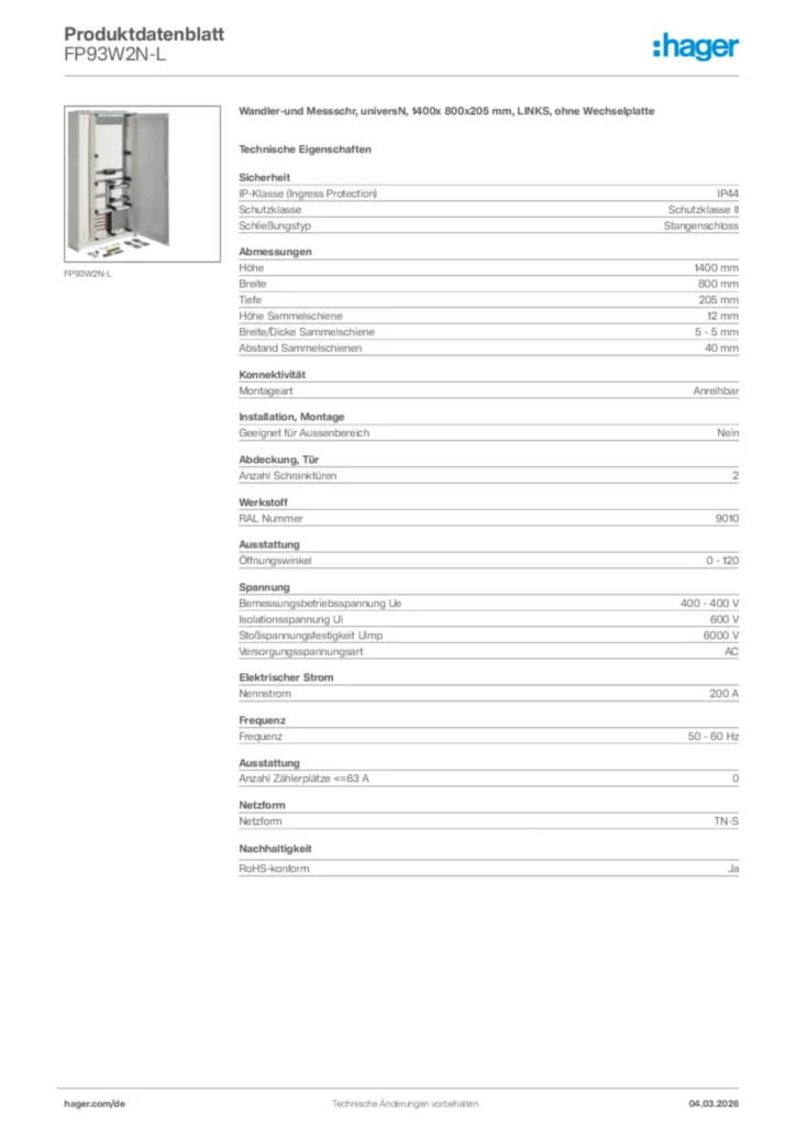 Bild Hager Produktdatenblatt FP93W2N-L | Hager Deutschland