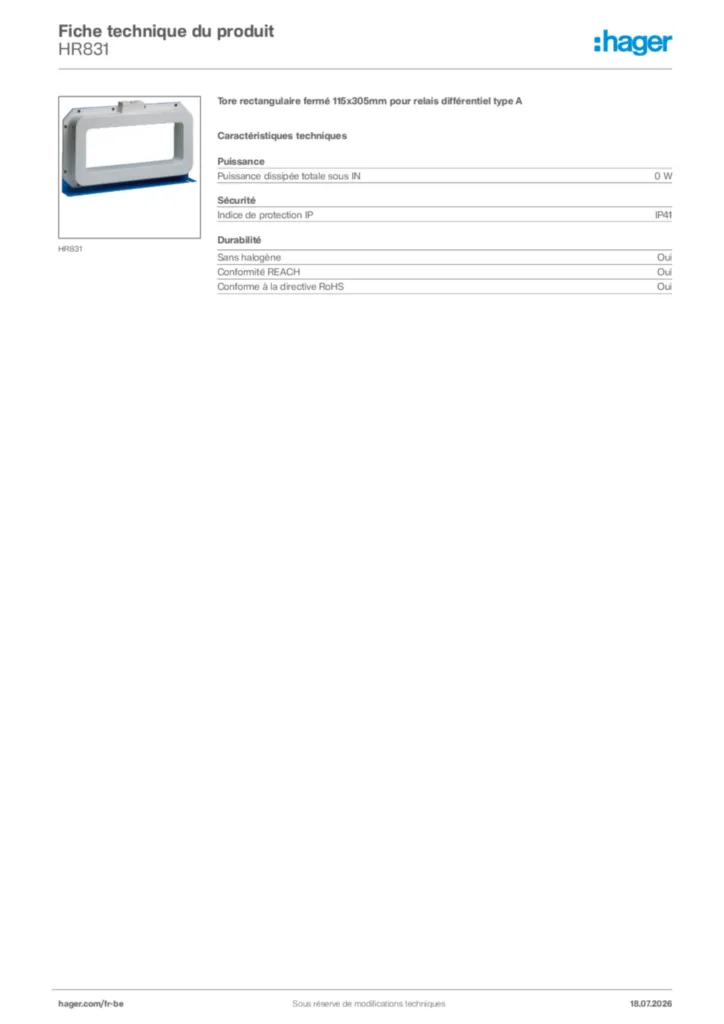 Image Hager Fiche technique du produit HR831 | Hager Belgique