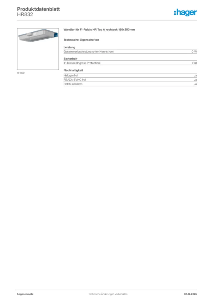 Hager Produktdatenblatt HR832