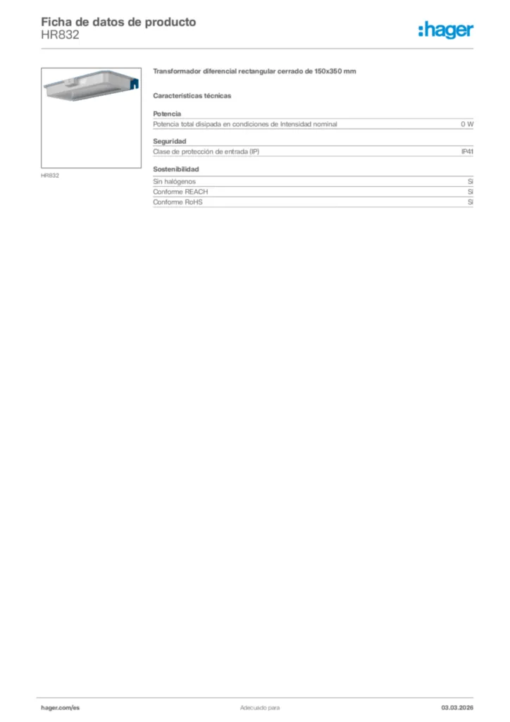 Imagen Hager Ficha de datos de producto HR832 | Hager España