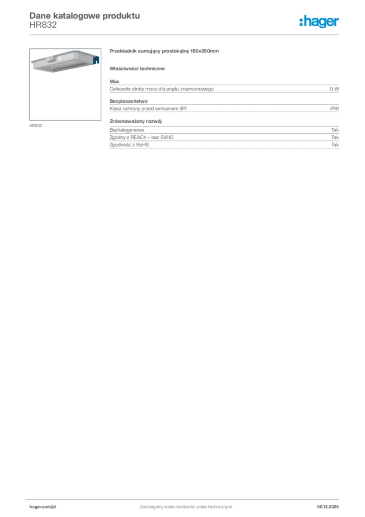 Zdjęcie Hager Dane katalogowe produktu HR832 | Hager Polska