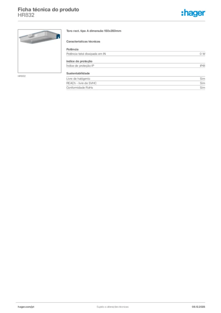 Imagem Hager Ficha técnica do produto HR832 | Hager Portugal