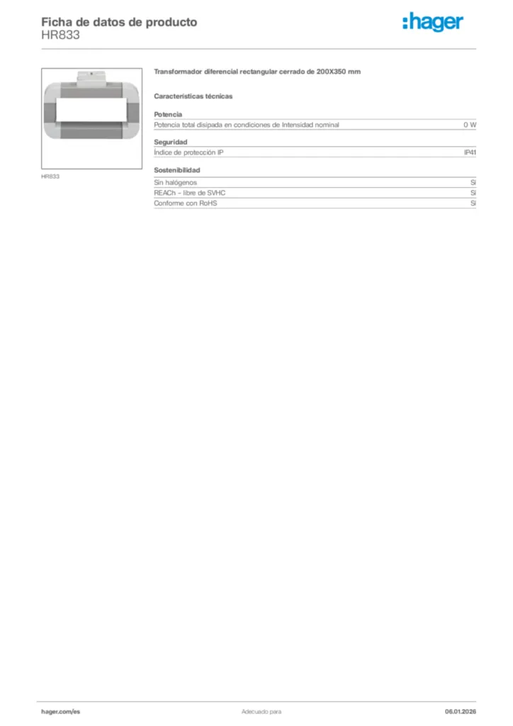Imagen Hager Ficha de datos de producto HR833 | Hager España