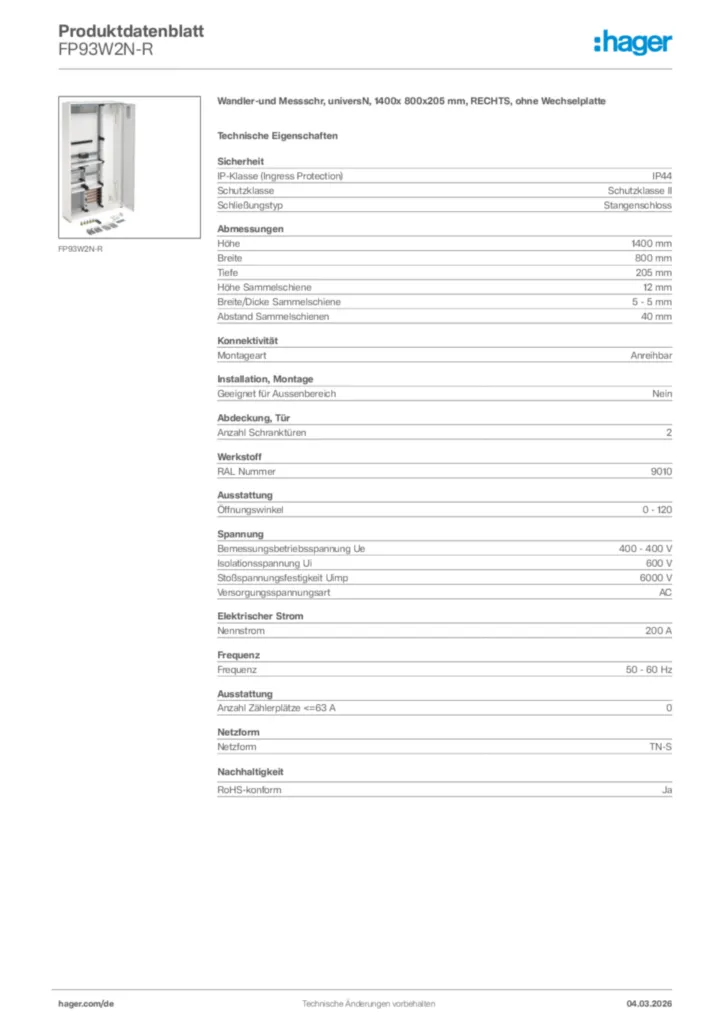 Bild Hager Produktdatenblatt FP93W2N-R | Hager Deutschland
