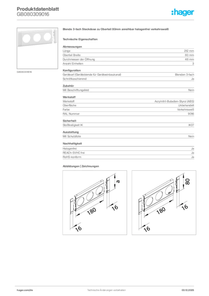 Bild Hager Produktdatenblatt GB080309016 | Hager Deutschland