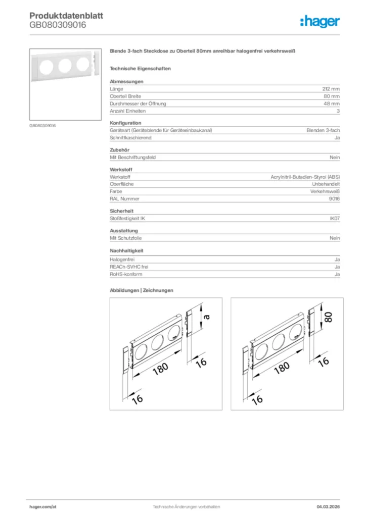 Bild Hager Produktdatenblatt GB080309016 | Hager Deutschland