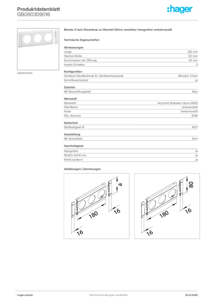 Bild Hager Produktdatenblatt GB080309016 | Hager Deutschland