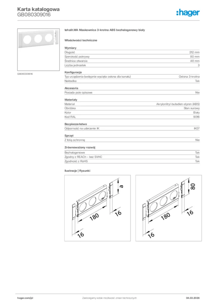 Zdjęcie Hager Karta katalogowa GB080309016 | Hager Polska