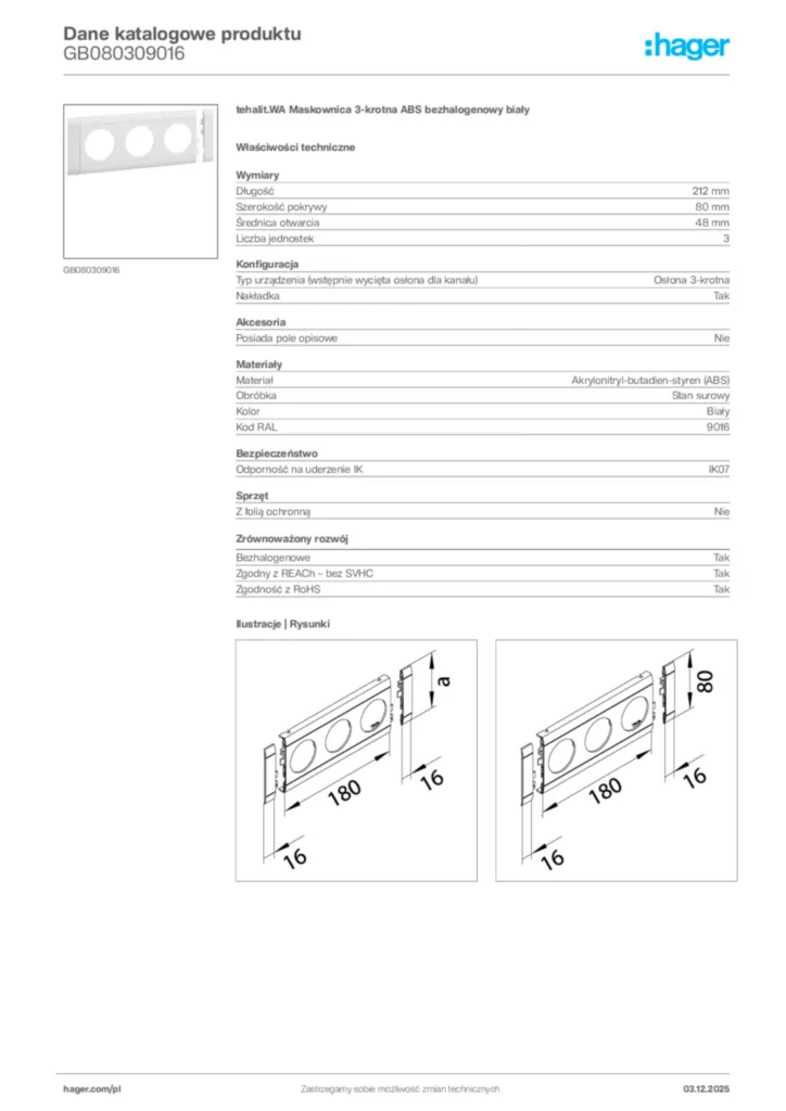 Zdjęcie Hager Dane katalogowe produktu GB080309016 | Hager Polska