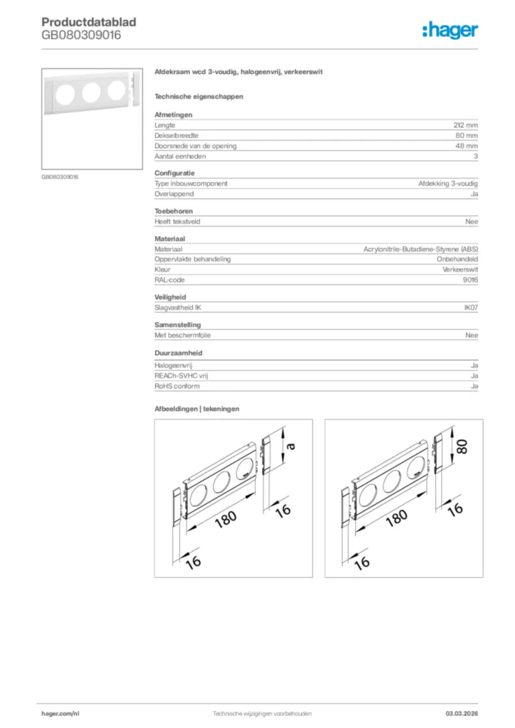 Afbeelding Hager Productdatablad GB080309016 | Hager Nederland
