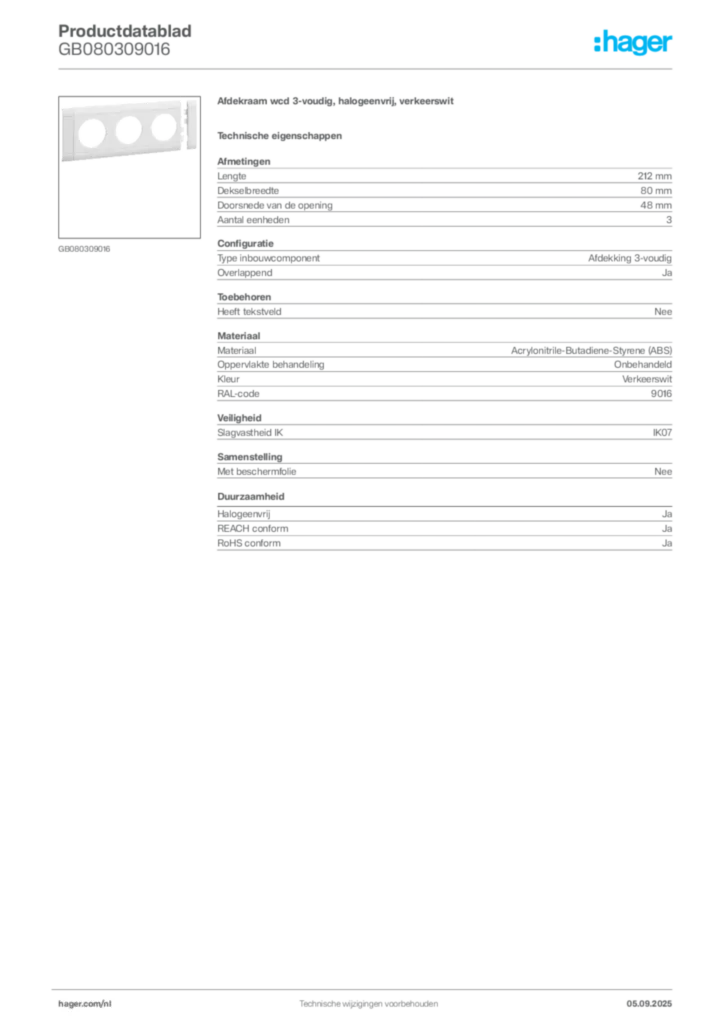 Afbeelding Hager Productdatablad GB080309016 | Hager Nederland