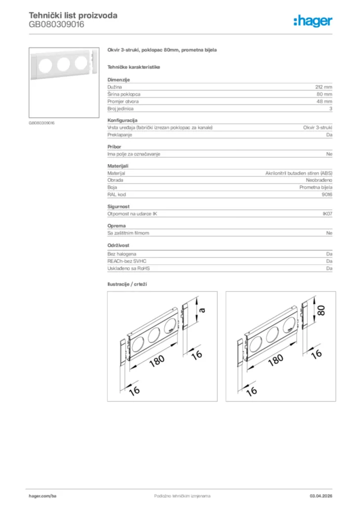 Slika Hager Tehnički list proizvoda GB080309016  | Hager