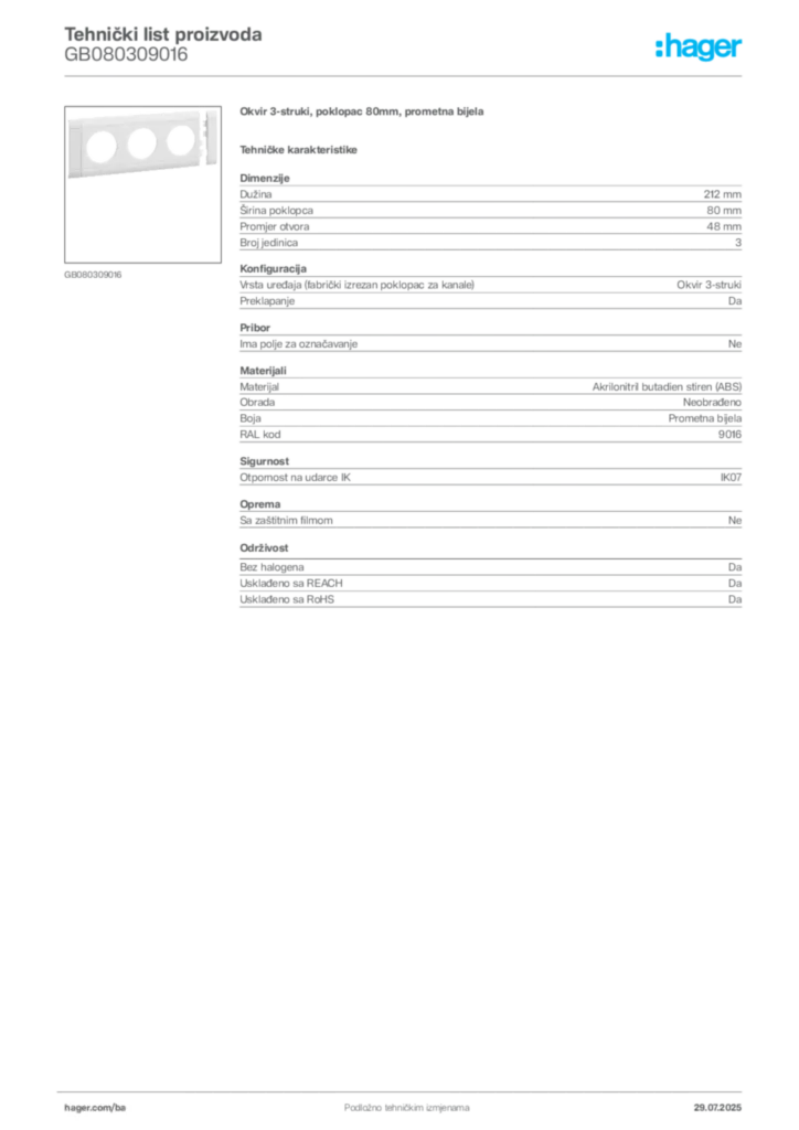 Slika Hager Product data sheet GB080309016  | Hager