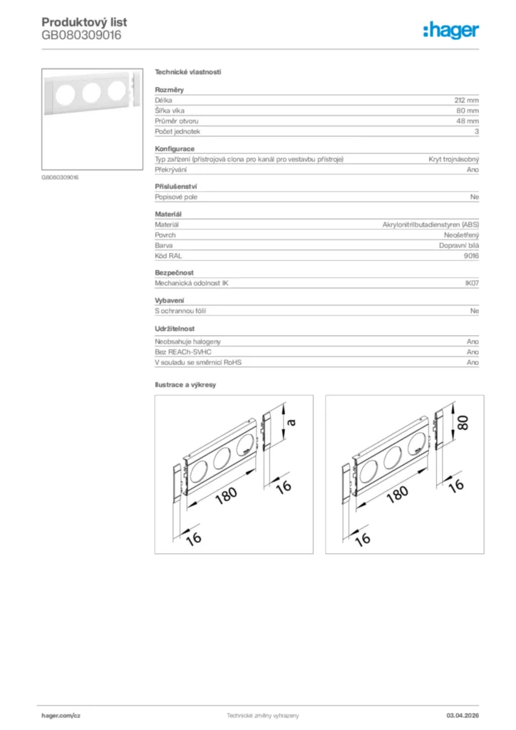 Obrázek Hager Product data sheet GB080309016 | Hager