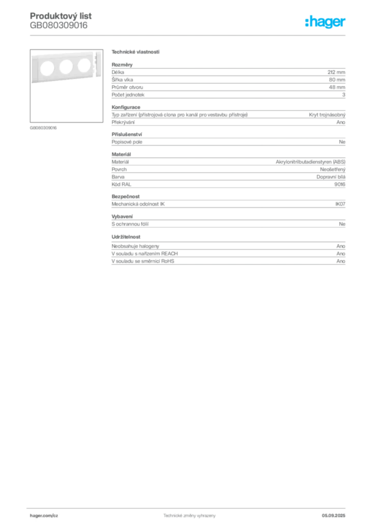 Obrázek Hager Produktový list GB080309016 | Hager