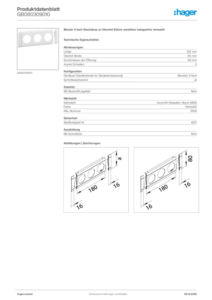 Bild Hager Produktdatenblatt GB080309010 | Hager Deutschland
