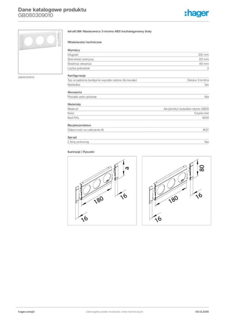 Zdjęcie Hager Karta katalogowa GB080309010 | Hager Polska