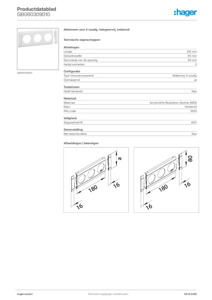 Afbeelding Hager Productdatablad GB080309010 | Hager Nederland