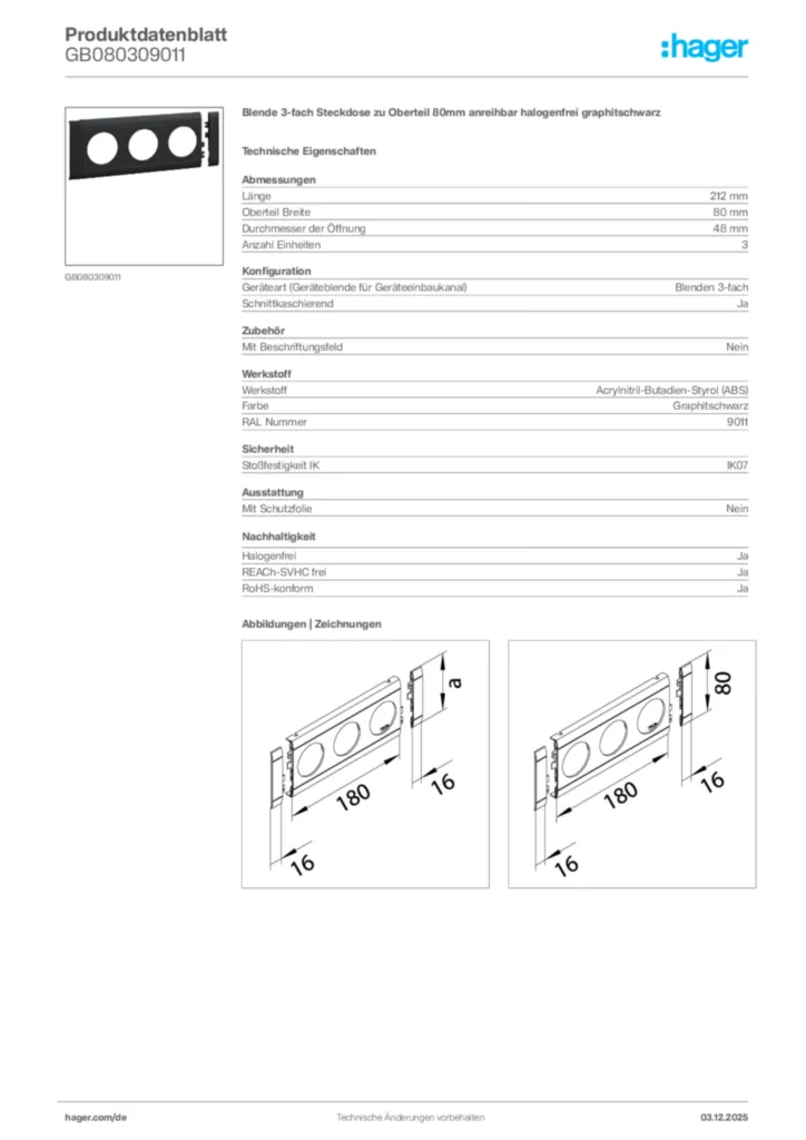 Bild Hager Produktdatenblatt GB080309011 | Hager Deutschland