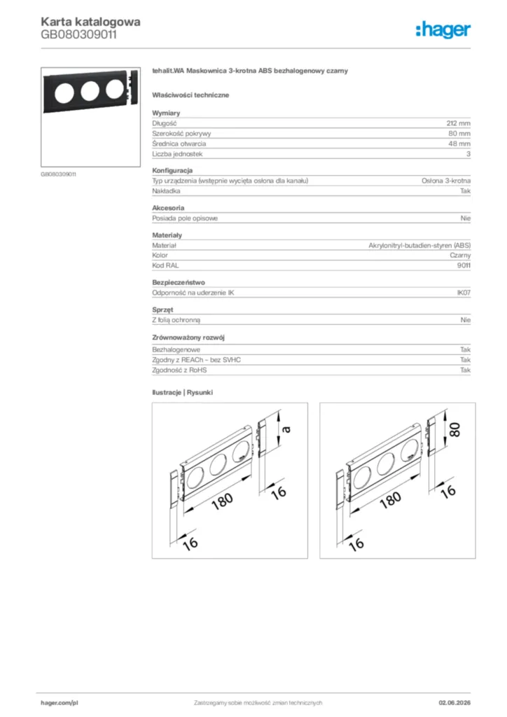 Zdjęcie Hager Karta katalogowa GB080309011 | Hager Polska