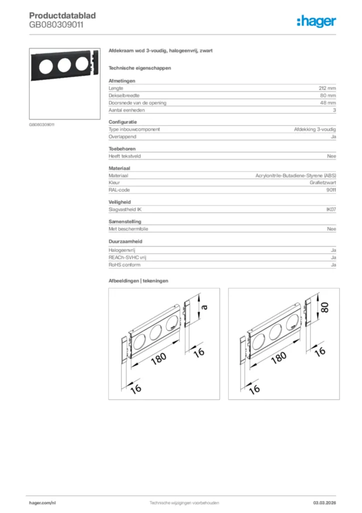 Afbeelding Hager Productdatablad GB080309011 | Hager Nederland