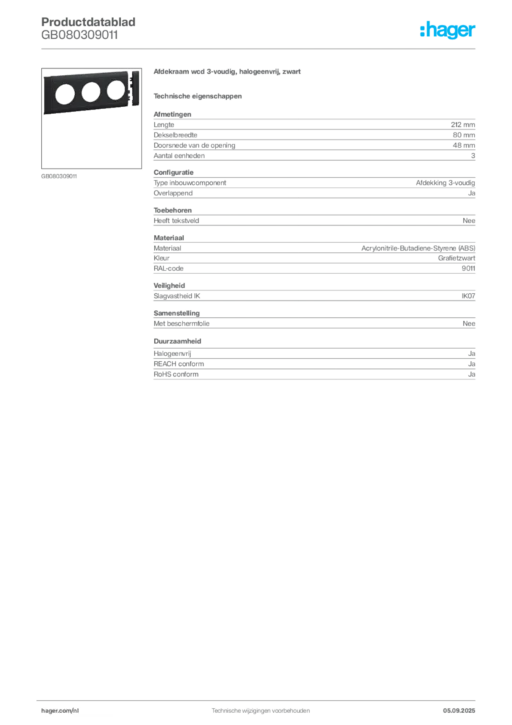 Afbeelding Hager Productdatablad GB080309011 | Hager Nederland