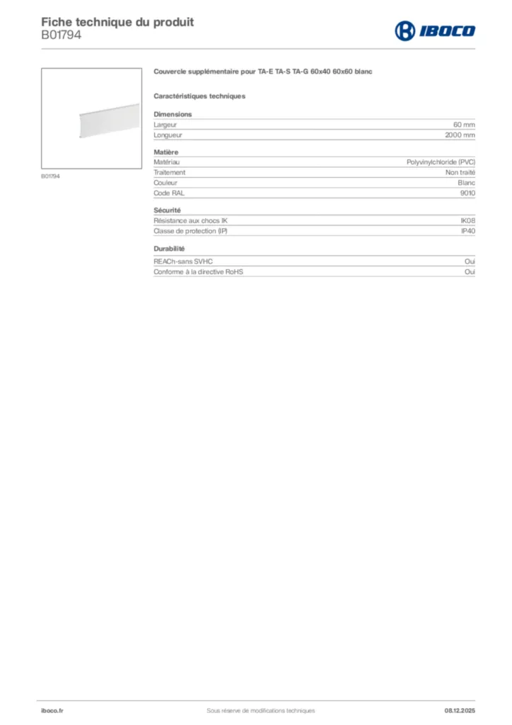 Image Iboco Fiche technique du produit B01794 | Hager France