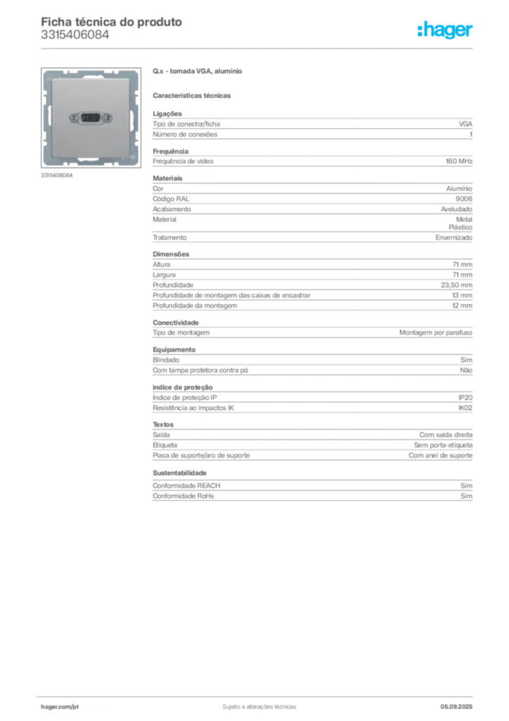 Imagem Hager Ficha técnica do produto 3315406084 | Hager Portugal