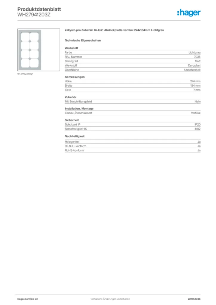 Bild Hager Produktdatenblatt WH27941203Z | Hager Schweiz