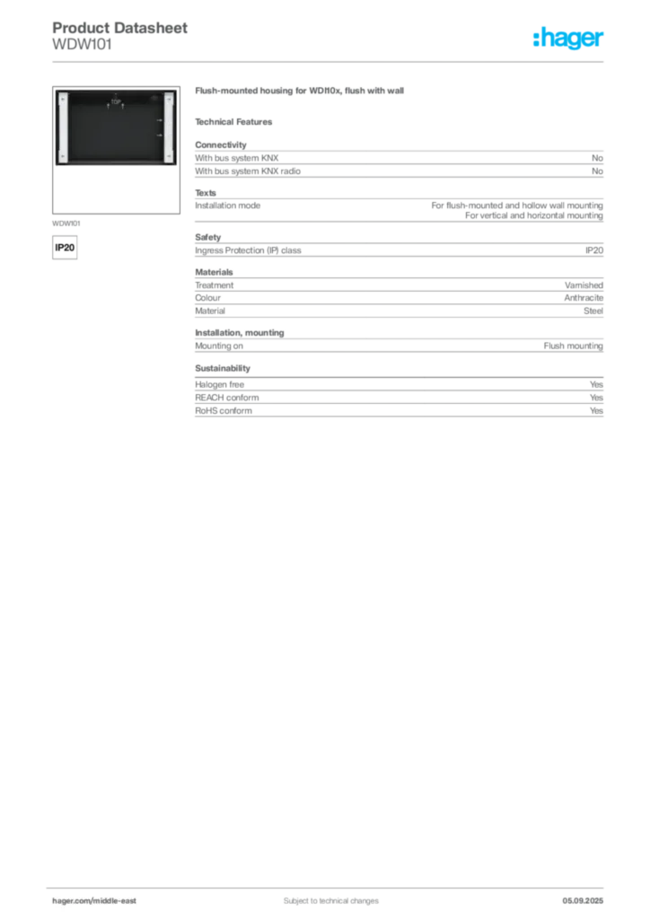 Image Hager Product data sheet WDW101  | Hager