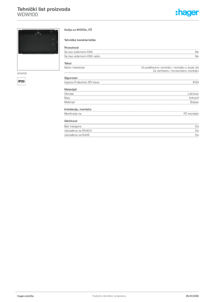 Slika Hager Product data sheet WDW100  | Hager
